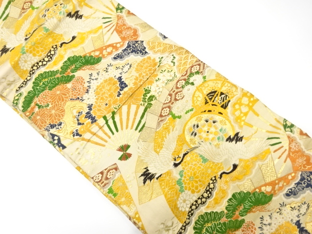 JAPANESE KIMONO / ANTIQUE MARU OBI / WOVEN FAN WITH CRANE & DRUM